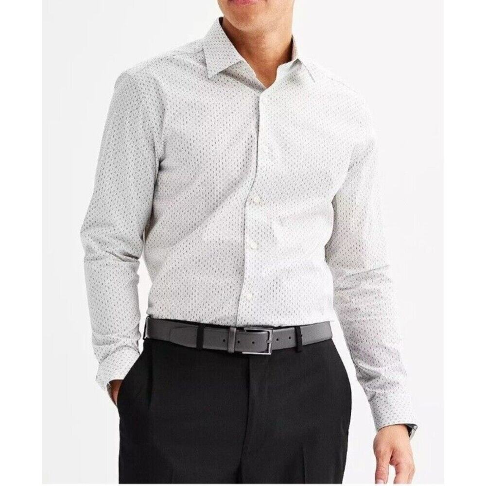 Men's White Button-Up Long Sleeve Dress Shirt Stretch Microdot Regular Fit 17.5
